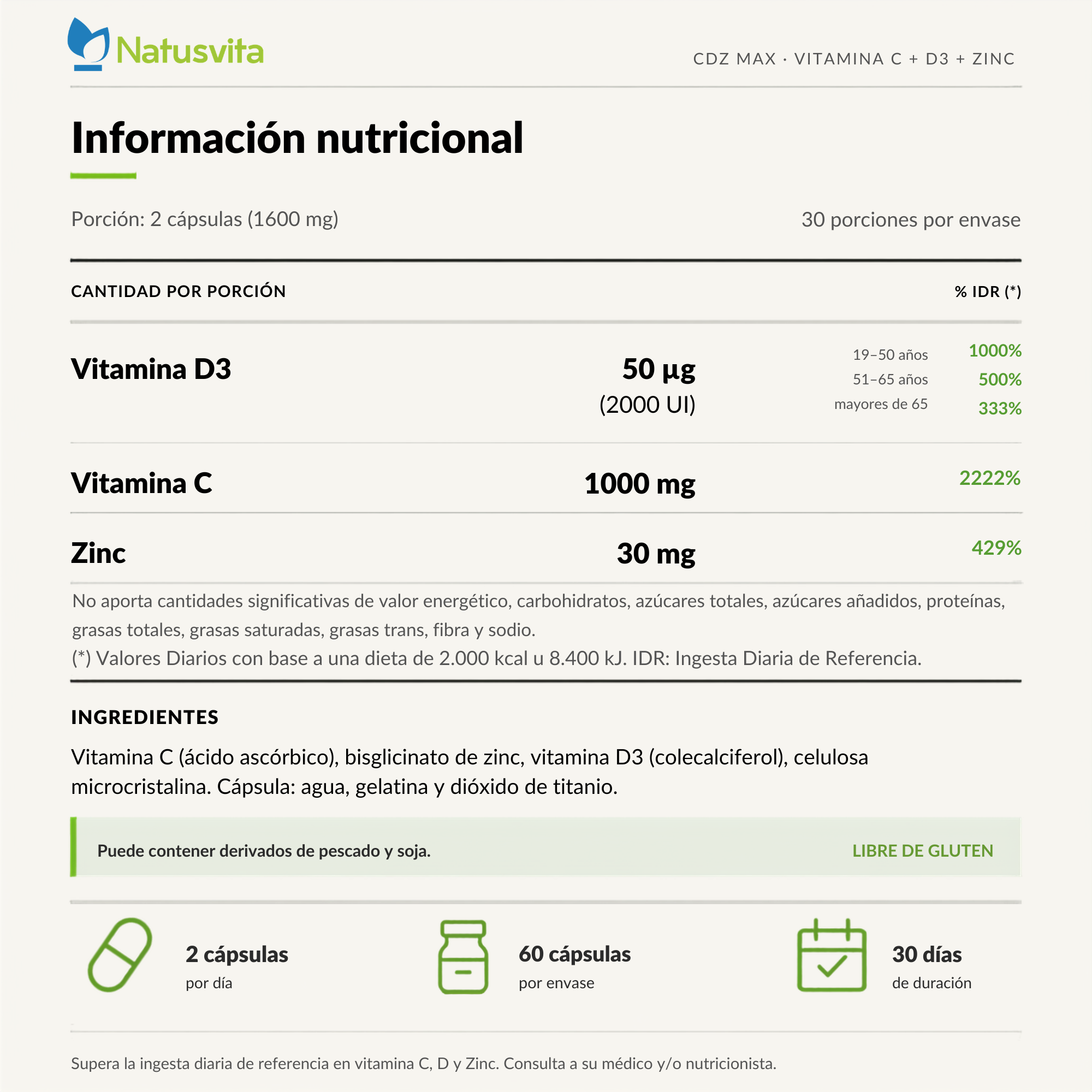 CDZ Max (Vitamina C 1000mg + Vitamina D 2000ui + Zinc 29mg) - Cápsulas
