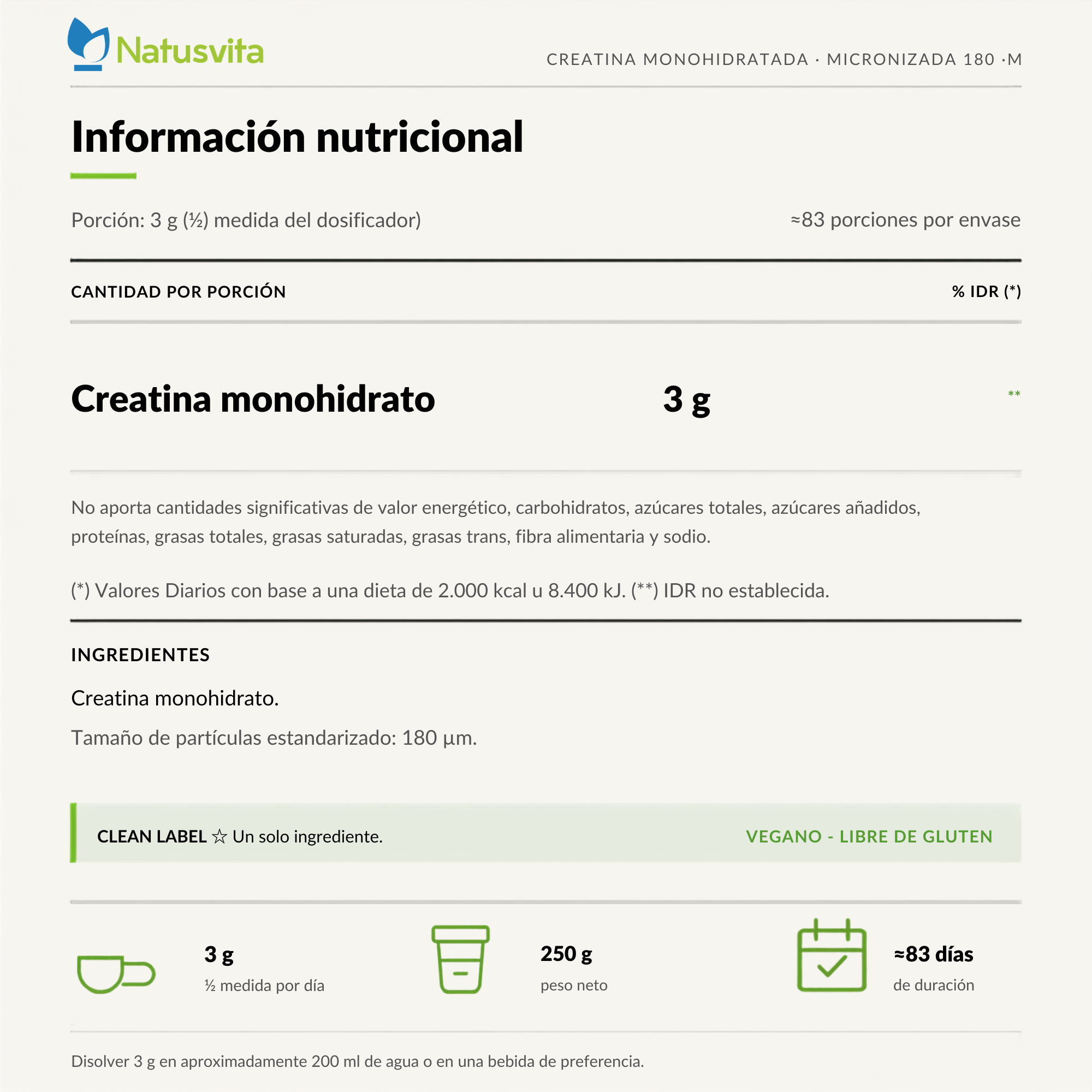Creatina 100% Pura. Monohidratada y Micronizada 180 micrones. Libre de Metales Pesados.